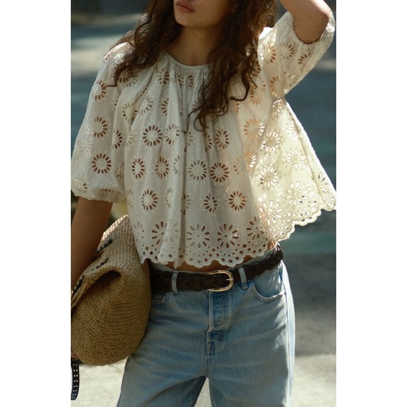 Madewell Tops - Madewell Eyelet Puff-Sleeve Top Antique‎ Cream Floral Scalloped Small NEW